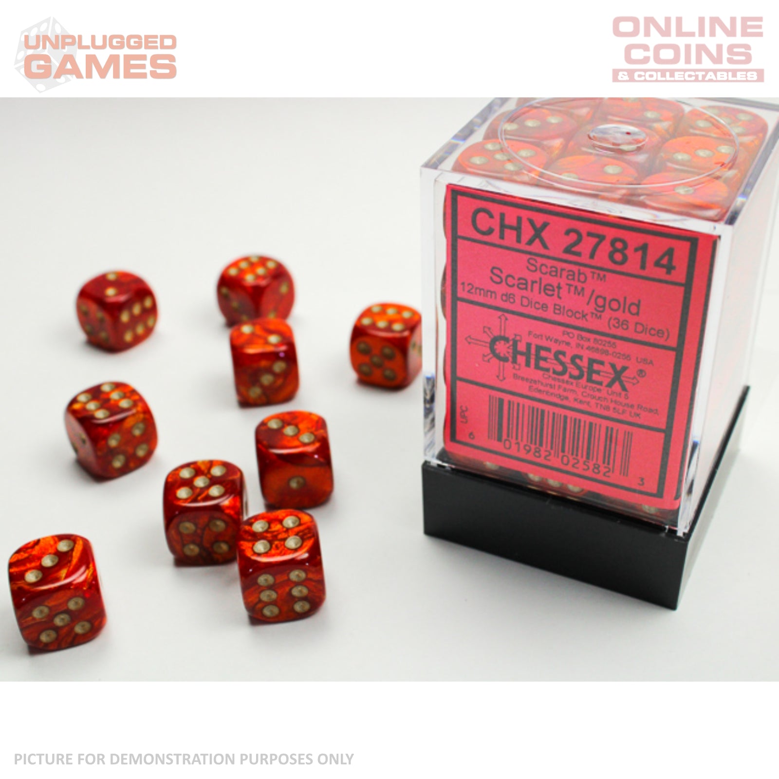 CHESSEX D6 Dice 12mm (36) - Scarab Scarlet/Gold Block